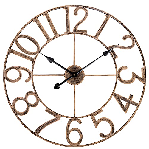 24 Inch Large Wall Clocks For Living Room Decor, Silent Analog Battery Operated Wall Clock, Bronze Rustic Farmhouse Metal Wall Clock For Indoor, Outdoor #TOP11
