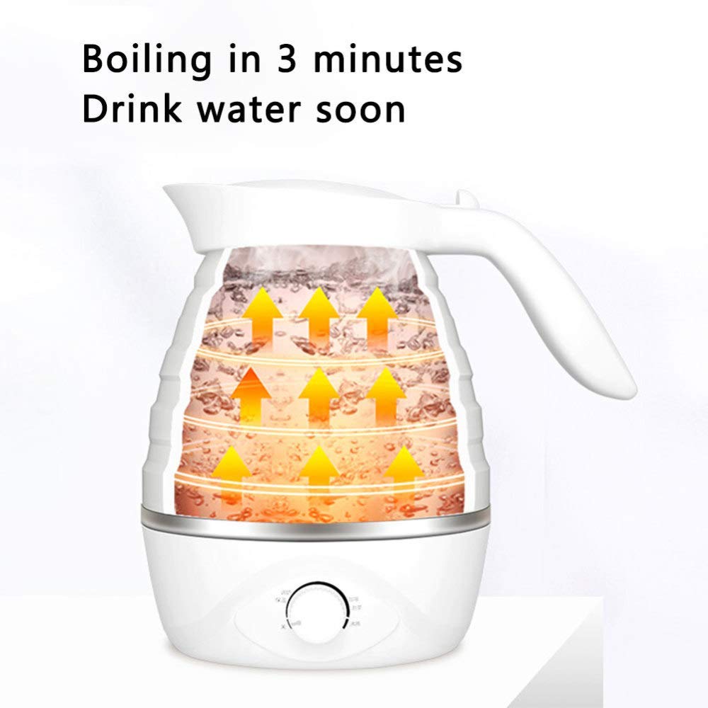Reise-Wasserkocher Tragbarer, klappbarer Wasserkocher aus lebensmittelechtem Silikon mit Trockengehschutz Tragbarer Dual-Voltage- und abnehmbarem Netzkabel, 0,7 l, 850 W, Kostenlos, Weiß