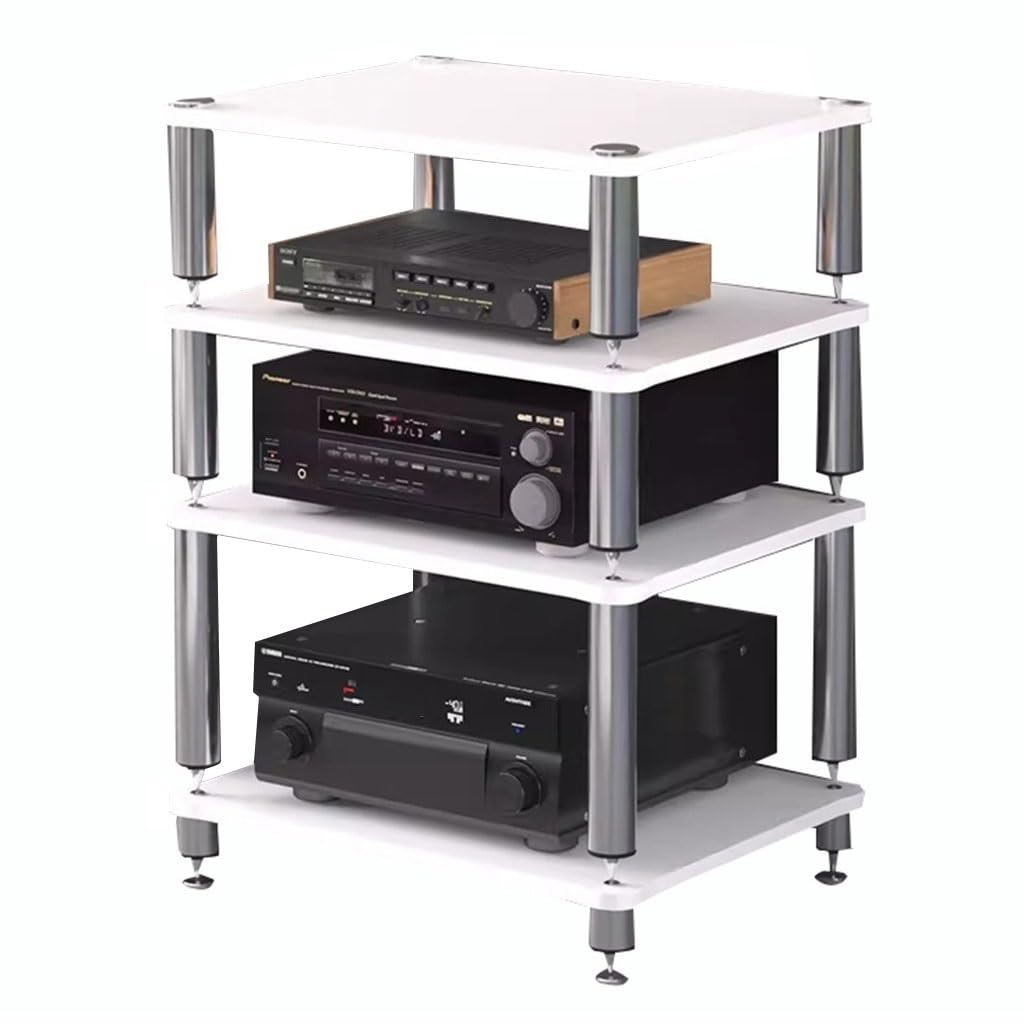 HIFI Szafka 4-poziomowa półka na odtwarzacz płyt AV, stolik pod telewizor do gramofonu, wzmacniacza, Sky Box i drukarki, stylowy biały stojak (60 x 48 x 76 cm) – idealny dla audiofilów
