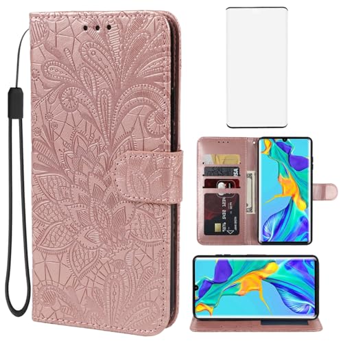 Gufuwo Case for Huawei P30 Pro Case, P 30 Pro VOGL29 Wallet Case with Tempered Glass Screen Protector, Lace Flower PU Leather Flip Credit Card Holder Phone Cover for Huawei P30 Pro Rose Gold