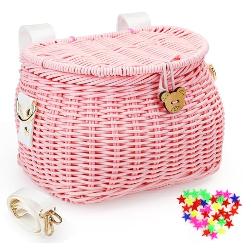 NCTNCX Cesta de bicicleta infantil, tejida a mano, cesta delantera para bicicleta infantil, con tapa y correa para el hombro desmontable (rosa)