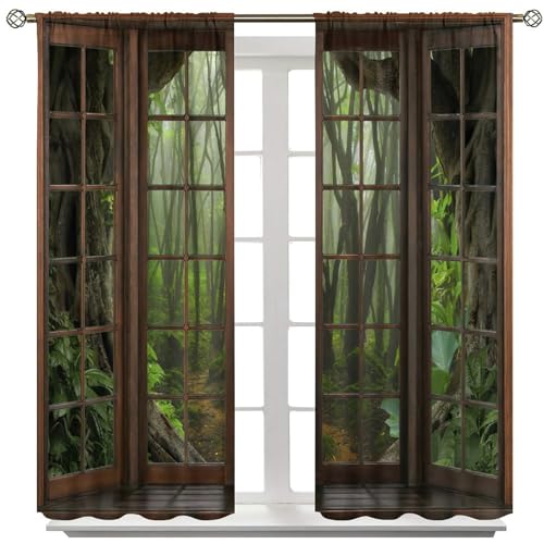 AuiMzoo Tropical Landscape Blackout Curtains, Green Jungle Trees Decorating Mysterious Tropical Woodland, Bedroom Living Room Curtains42X45 Inch