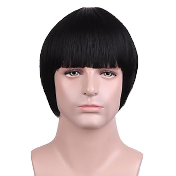 MAGQOO Short Mushroom Wig Men 60s 80s Bowl Cut Wigs Old Man Movie Party Halloween Vector Costume Anime WigBlack