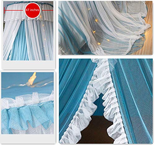 Vethin Princess Bed Canopy For Girls,Bed Canopy Curtain- Double Layer Sheer Mesh Dome Bed Curtain- Round Lace Princess Mosquito Net Tent With Led Stars String Lights(Blue/White) #TOP4