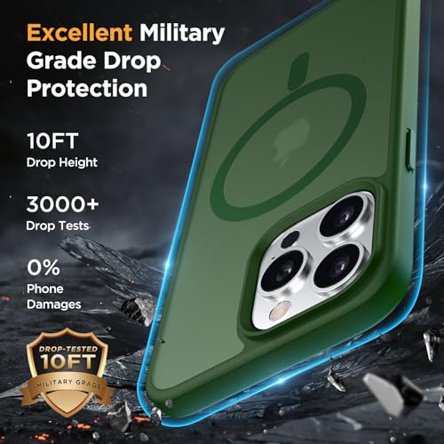 Image of Miracase Magnetic for iPhone 15 Pro Case 6.1 inch (Compatible with MagSafe)(with 2X Screen Protectors)Military-Grade Protection, Anti-Fingerprint Translucent Matte Phone Cover, Dark Green