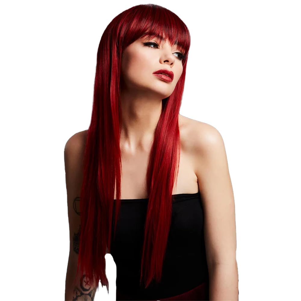 Smiffys Fever Jessica Wig, True Blend, Ruby Red Dark Roots, Long Feathered with Fringe, 66cm/ 26in, Fever Wigs Fancy Dress, Halloween Fancy Dress Accessories Dress Up Wigs