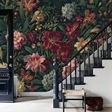 Carta Da Parati Fotografica 200L×140A Cm Gigli Rossi Foglie Di Vite | Fiori In Stile Pittura Ad Olio Murale Soggiorno Camera Da Letto | Grande Fotomurali Murale Decorazione | Rosso Ruggine
