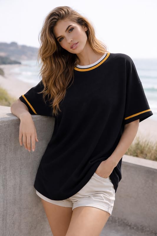 Image of London Hills Women's Waffle Texture T-Shirt | Loose Fit Casual Summer Top | Round Neck with Contrast Rib Collar & Sleeve Stripe | Soft Breathable Half Sleeve Tee