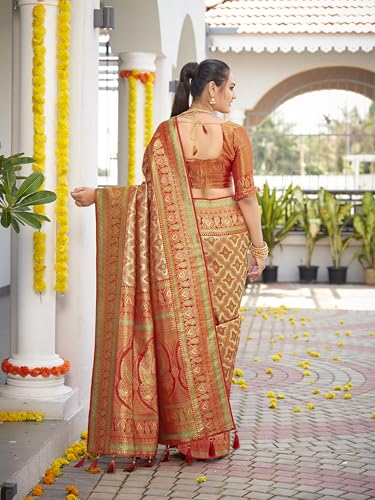 Image of MANOHARI Women's Trendy Banarasi Woven Saree with Heavy Jacquard Work, Elegant Design, Silk Saree with Maching Lace Border Unstitched Blouse Piece for Weddings & Festive Occasions