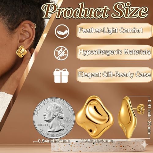 Musment® Gold Earrings for Women, 14K Gold Plated Chunky Stud Earrings, Lightweight Hypoallergenic Statement Earrings for Sensitive Ears, Daily Wear, Trendy Jewelry Gift Box — view 4
