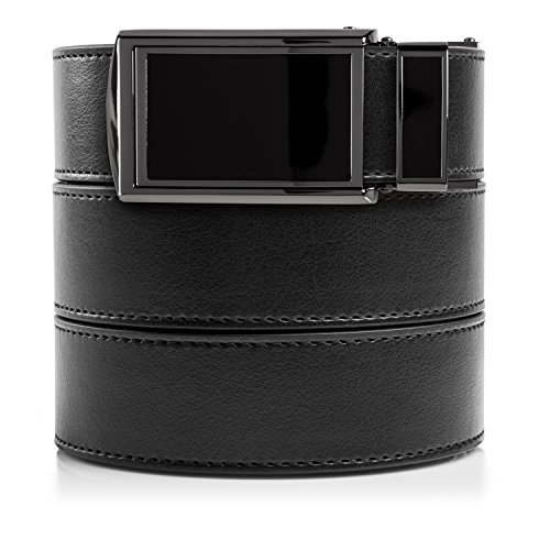 SlideBelts Men's Vegan Leather Belt without Holes - Black Buckle/Black Leather (Trim-to-fit: Up to 48