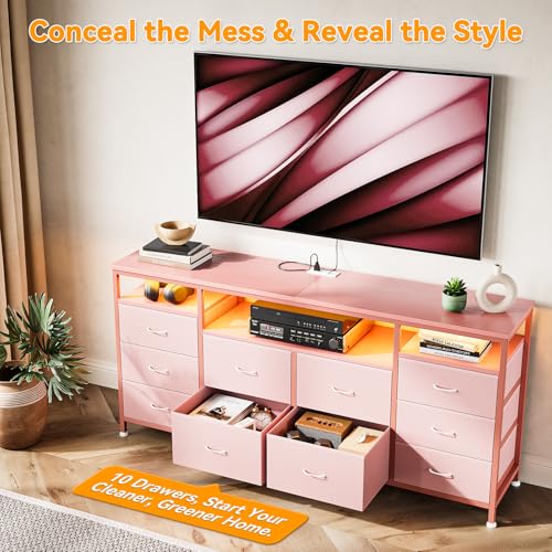 63.3 Inch Dresser for Bedroom, 10 Drawer Dresser TV Stand for 65 70 75 Inch TV, Fabric Chest of Drawers with LED Lights & Power Outlets, Long Entertainment Center for Closet, Living Room, Entryway