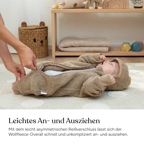 Ehrenkind® Fleeceoverall aus 100% Bio-Merinowolle, Atmungsaktiv & temperaturausgleichend, Wollfleece, Baby Overall mit Kapuze, Natur 62/69