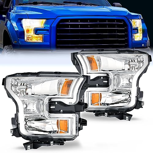 Image of Nilight Headlight Assembly Compatible with 2015 2016 2017 Ford F-150 Headlamps Replacement Chrome Housing Amber Reflector Upgraded Clear Lens Driver and Passenger Side