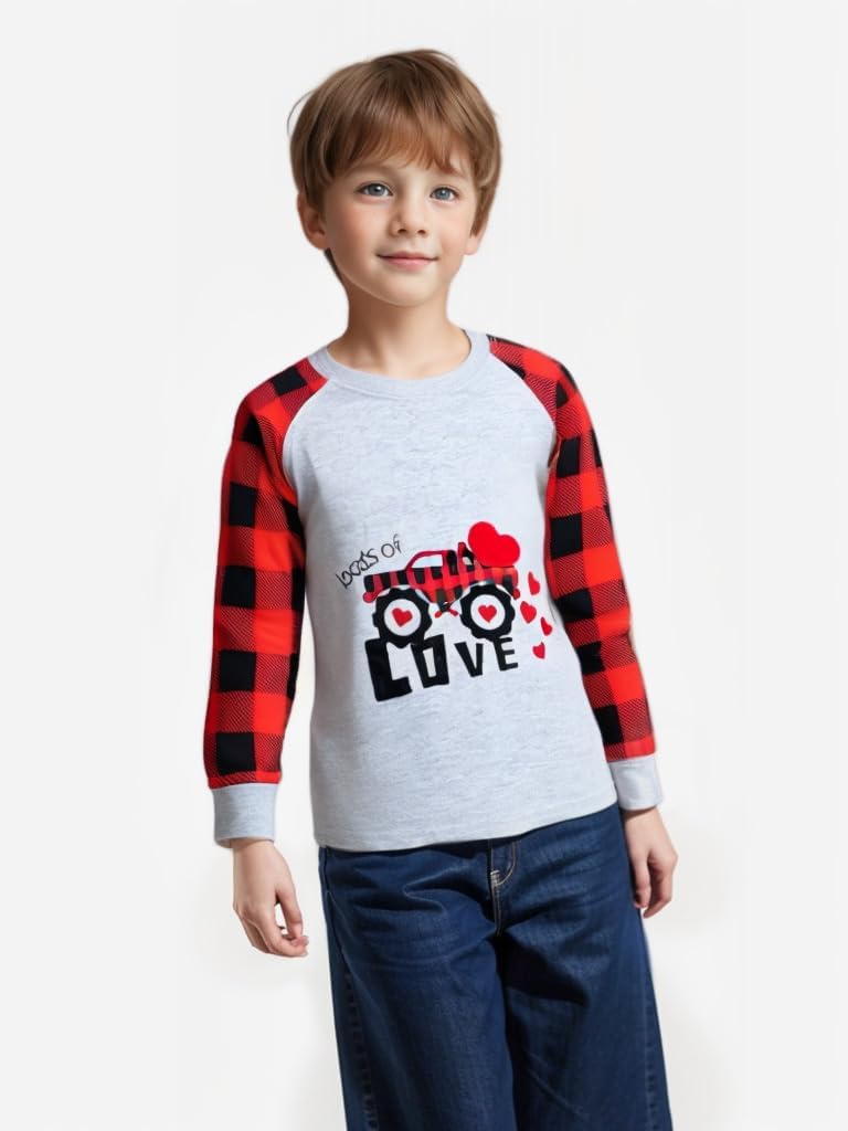 Toddler Boys Valentines Day Shirt Long Sleeve Raglan T-Shirts Baby Monster Truck Heart Tee Red Plaid Tops for Kids 2-7 Years - Image 2