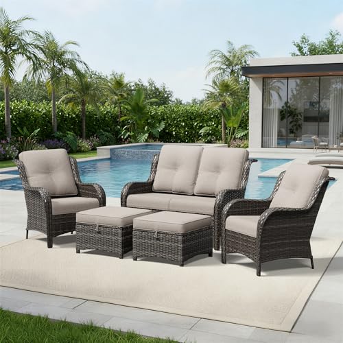Image of Joyside 5 Piece Wicker Patio Furniture Set, Rattan Patio Chairs with High Back, Deep Seating, Wide Armrest, Thickened Cushions, Outdoor Furniture for Deck, Porch Use