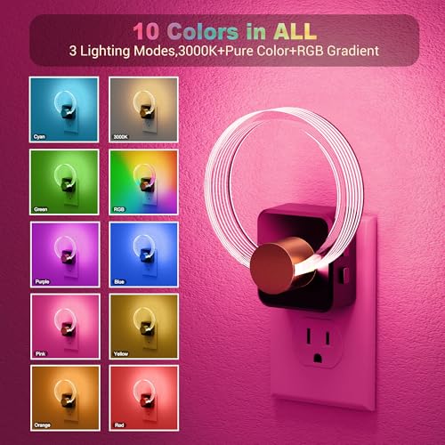 Image of JandCase Night Light, 2 Pack Color Changing Night Lights Plug into Wall | RGB Nightlight with Light Sensor, 180 Rotatable Plug in Nightlights, Dimmable Ring Acrylic Night Light for Kids Gift Hallway