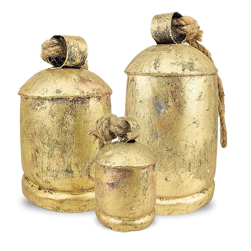 Shabby Chic Vintage Bell Brass Coated Country Style Rustic Bell Wall Hanging Harmony Giant Cow Bells Lucky Charm Christmas Bell (Harmony Bell Set of 3)