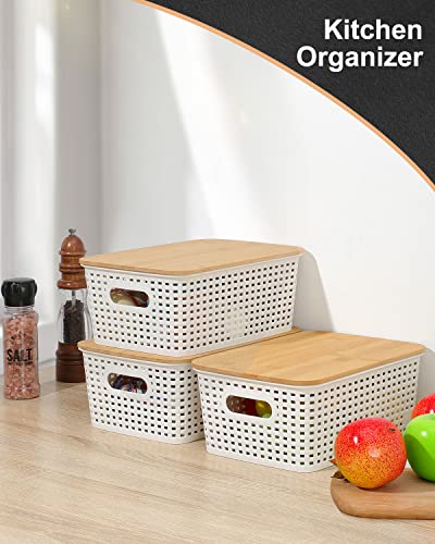 Plastic Storage Baskets With Bamboo Lid Pantry Organization And Storage Containers Lidded Storage Bins Container Organizer For Shelves Drawers Desktop Closet Playroom Classroom Office, 6 Pack #TOP5