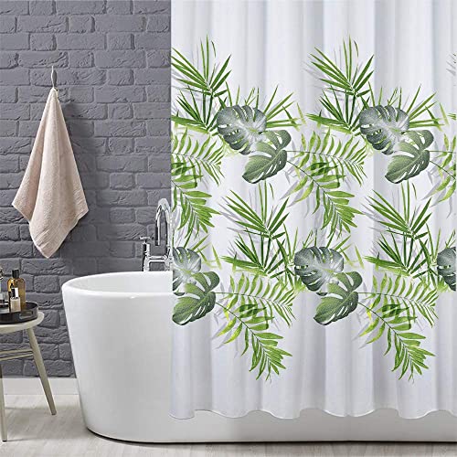 ANSIO Shower Curtain Mould and Mildew Resistant 180 x 180 cm (71 x 71 Inch) | Water Repellant Fabric | 100% Polyester - Leaf Pattern - Palm Green