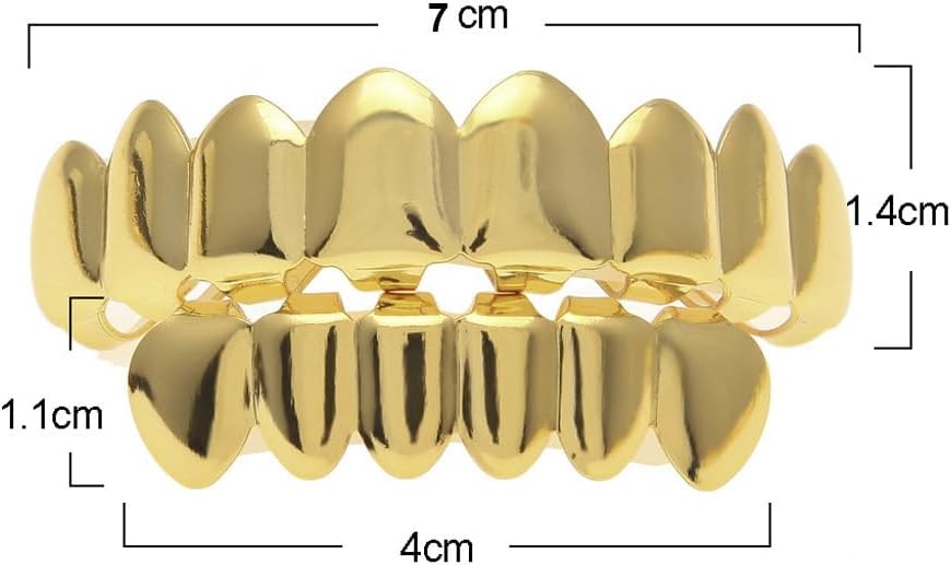 14K Gold Plated Grillz Hip Hop Teeth Grillz Caps 8 Top & 6 Bottom Grills Set for Your Teeth Grills for Men Women Rapper Costume