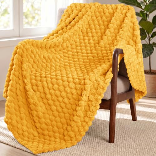 Image of Exclusivo Mezcla Large 3D Fleece Throw Blanket for Couch, Mustard Yellow | Extra Soft Fuzzy Plush Lightweight Throws, Cozy Fluffy Decorative Blankets for All Seasons, 50x70 Inches