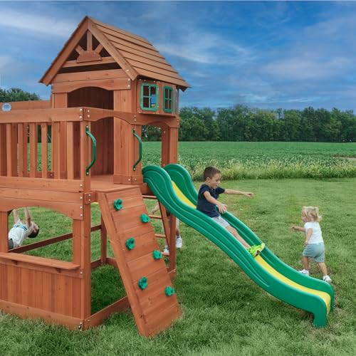 Backyard Discovery Atlantis Cedar Wood Swing Set with Wave Slide, Raised Clubhouse, Rock Wall, Belt Swings, Trapeze, Balcony, Lower Play Space, Snack Bar, Sandbox Area, Step Ladder, Outdoor Playset - image 7