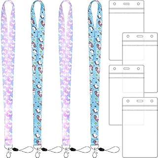 4 Sets Unicorn Lanyard with ID Card Holder, Lanyard Neck Strap for ID Badge Holder Keys Phone and Vertical Clear Card Holders for Students Teachers Children
