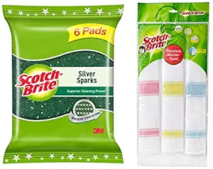 Scotch-Brite Cotton Kitchen Towels (Green, Pack of 3) (IA840188337) Silver Sparks Scrub Pad 2.75x4 (Pack of 6)
