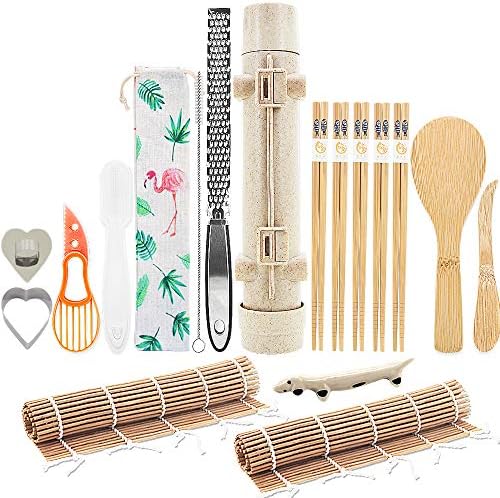 Sushi Making Kit - All In One Bazooka Sushi Maker with Bamboo Sushi Mat, Bamboo Chopsticks, Paddle, Spreader, Cooking Ring, Onigiri Mold, Zester, Brush, Slicer, DIY Sushi Maker Kit
