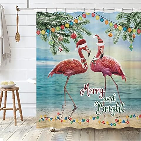 Tititex Winter Christmas Ball Flamingo Shower Curtain Sets, Vintage Merry and Bright Ocean Beach Bathroom Curtain Decoration 71x71 Inch with Hooks Cover