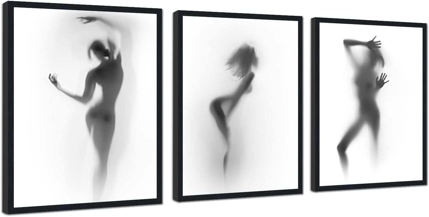 3 Panels Framed Abstract Woamn Silhouette Wall Art, Black and White Sexy Women Canvas Painting Female Body Prints Poster Elegant Nude Art Wall Decor for Bathroom Living Room Bedroom Home, 12"x16"x3