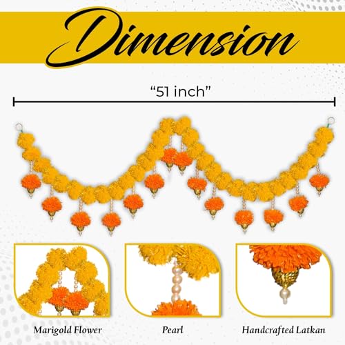Image of SMIZZY ; (RE) TOUCHING LIVES Artificial Marigold Flowers Toran | Bandarwal Genda Phool for Main Entrance Door Home Pooja Decoration Hanging Item | Diwali Festive Decor Mandir | 1Pc, Yellow, 52 Inch