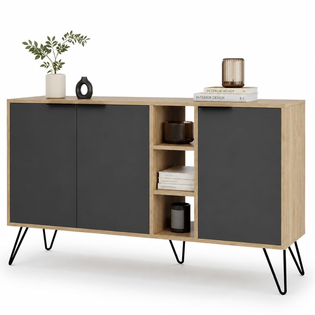 Shally Dogan Madia Moderna 3 Ante e Vani, Credenza Design Moderno, Struttura Resistente Salvaspazio, Ideale per Ingresso, Casa, Ufficio, Camera da Letto, Soggiorno, 143 x 83 cm (Rovere e Antracite)