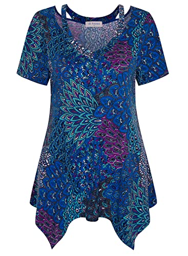 Bulotus Tunic Tops for Women Short Sleeve Long Shirts to Wear with Leggings Asymmetrical Tops to Hide Belly V Neck Summer Casual Tunic Shirt, Aqua Blue, X-Large