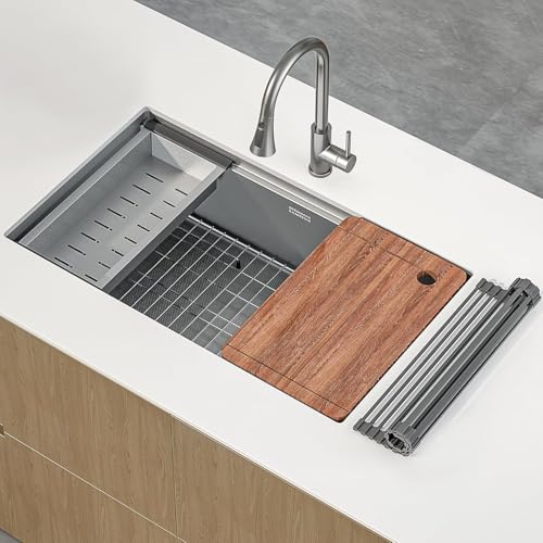 Image of 32-Inch Undermount Kitchen Sink, 304 Stainless Steel with Nano Coating, Single Bowl for Workstation, RV, Prep Kitchen, Includes Cutting Board & Roll-Up Dish Rack, and More Accessories (Silver)