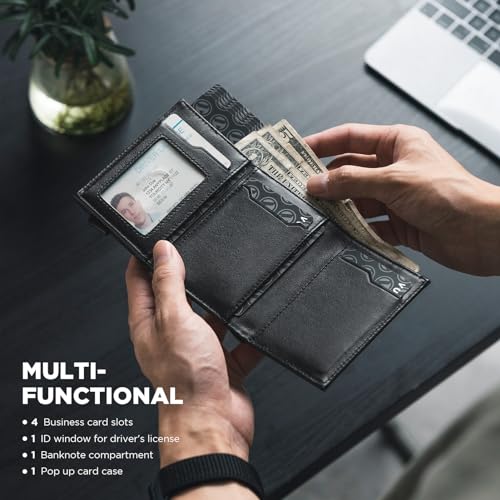 Image of VULKIT Pop up Card Wallet Minimalist Cash Wallets RFID Blocking Leather Smart Credit Card Holder with ID window for Men, Top-Grain Cowhide Black, Classic