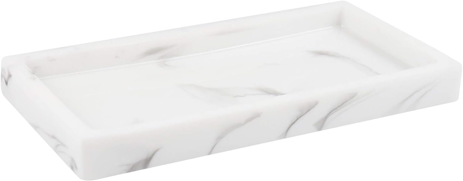 Vanity Tray, Mini Bathroom Kitchen Resin Vanity Tray Cosmetic Organizer Jewelry Ring Dish Holder for Towel/Plant/Jewelry - White Marble