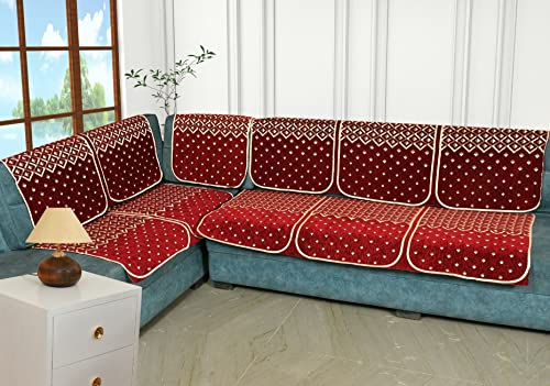 Image of Premium 5 Seater Printed Sofa Cover Set 3,1,1 Seater 10 Pieces Sofa Back Slip Panels, Protector for Single Seater (Maroon, L Shape with Cushion Cover)