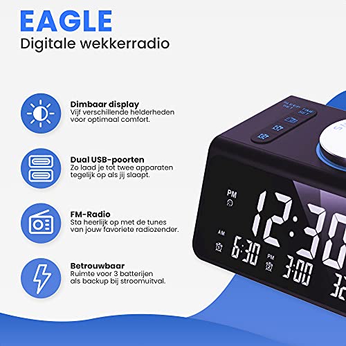 EAGLE wekkerradio - digitale wekker - met dimbaar display, temperatuur en dual USB - Image 3