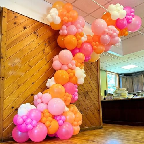 Image of Boho Daisy Balloons Arch Kit, 142Pcs Hot Pink and Orange Balloons Garland Kit 12 10 5 Inch Pink Orange Yellow Latex Balloons for Boho Girls Women Birthday Baby Shower Wedding Party Decoration