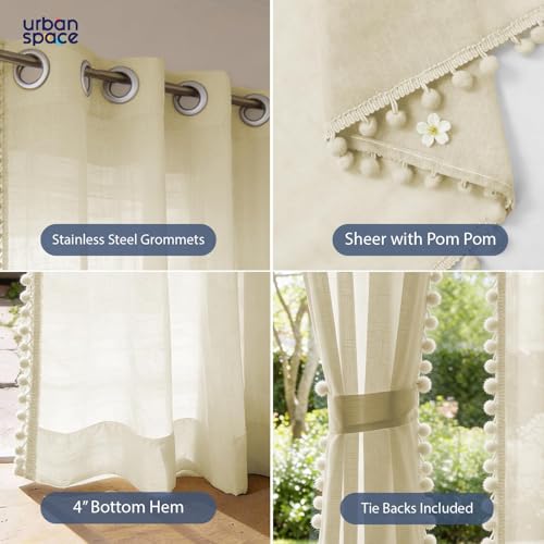 Image of Urban Space Sheer Solid Curtain for Door, 35-40% Room Darkening Curtain with Tieback and Eyelet Hanging Style, Set of 1 Decorative Curtains for Home Decor (Buttercream with pom pom, Door-8ft)