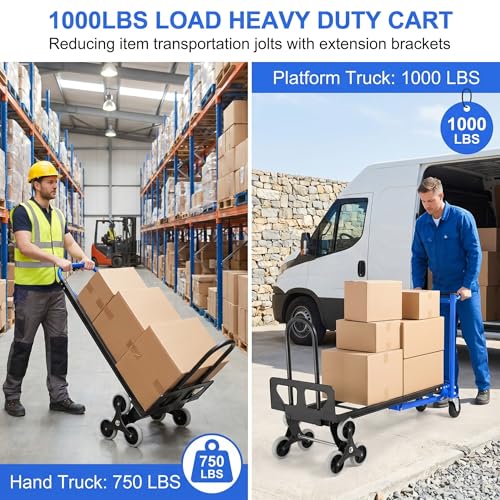Image of 1000LBS Convertible Hand Truck, Heavy Duty Foldable Aluminum Stair Climbing Dolly with Solid Wheels for Moving /Office /Travel (Blue)