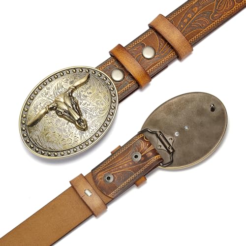 BISON DENIM Mens Western Cowboy Belt - Longhorn Cow Pattern Buckle with Printed Engraved Buckle Strap Adjustable4