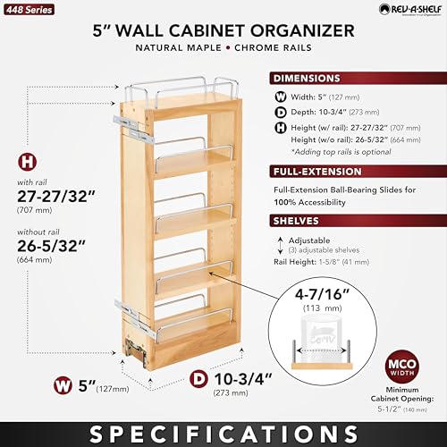 Image of Rev-A-Shelf Maple Pullout Organizer for Wall Kitchen Cabinets, Full Extension Slides & Adjustable Shelves, Min Opening Width of 5.5 inch, 448-WC-5C
