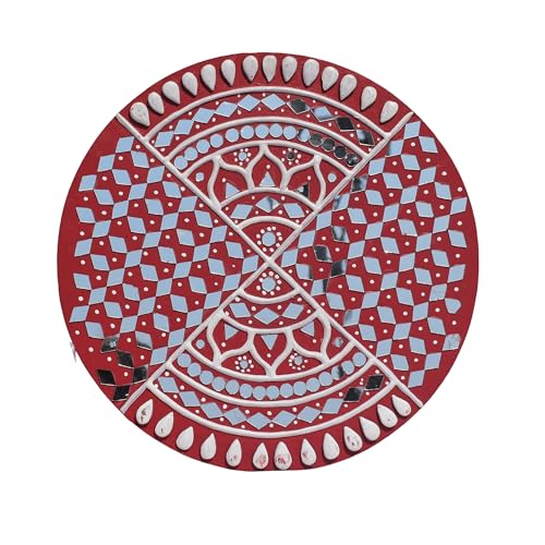 Image of Ethnics of Kutch Traditional Kutch Handicraft Mud-Mirrorwork Lippan Kam Wall Art (Water and Break Resistant) - Round (12 Inch Diameter) - (Red LKT-0276)