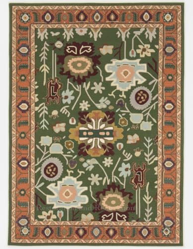 Oushak Wool Area Rug 8'x10' Forest Green Floral Botanical