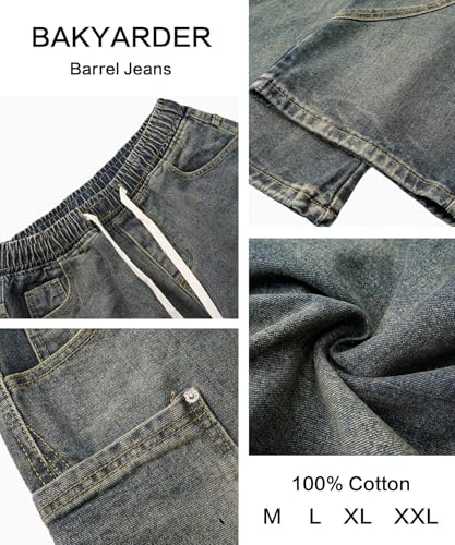 Unisex Vintage Washed Barrel Jeans Loose Fit Wide Leg Denim Pants with Drawstring Waist3