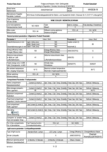 respekta Einbau-Weinkühlschrank für 36 Standardflaschen / 85 L Nutzinhalt / 2 Temperaturzonen, je 5°-22°C/Touch Control/LED Leuchte/Wechselbarer Türanschlag/Max. 41 dB/WKSE 36-19, Schwarz