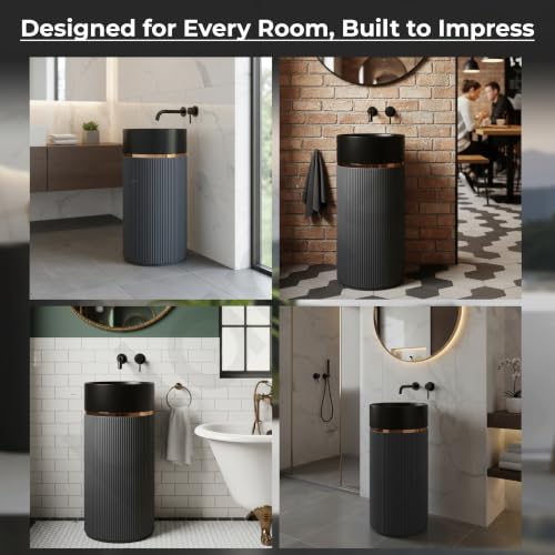 Image of Plantex Pedestal Wash Basin /Acrylic Resin & Quartz Free Standing Wash Basin /Round Basin For Bathroom /Home /Hotel /Restaurant- (Black & Grey, 16 X 16 X 34 Inch)